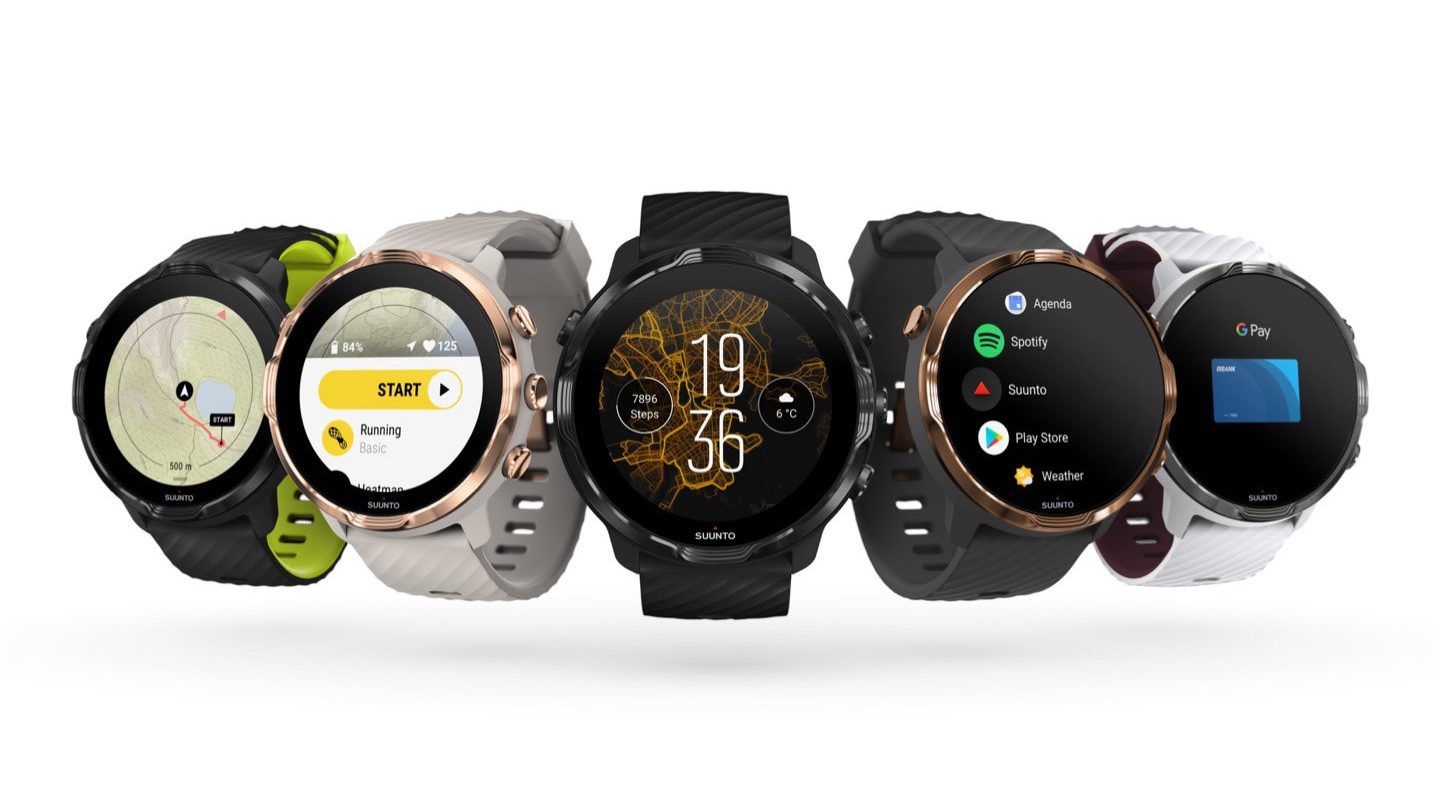 Five versions of the Suunto 7 collection watches in various colors