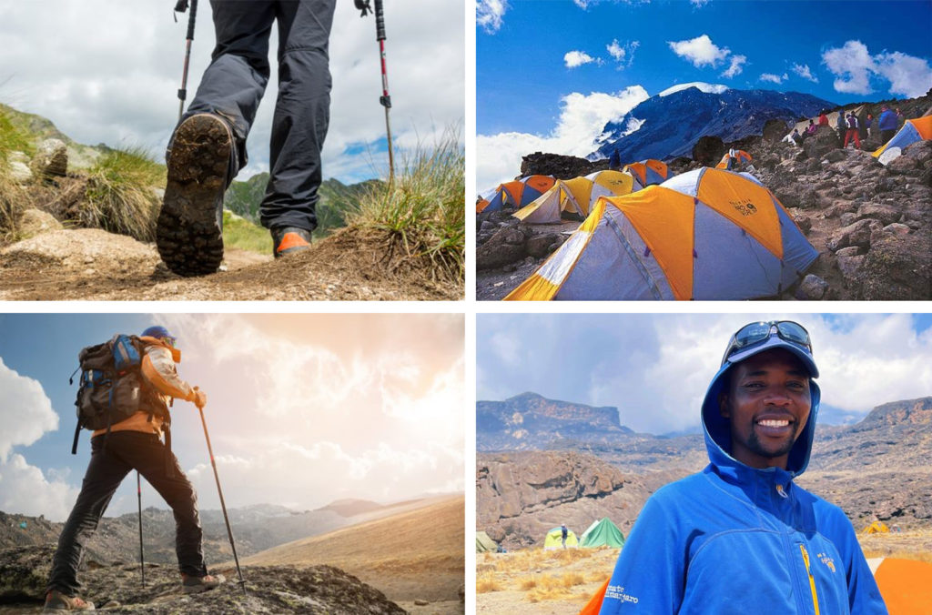 Close up of hiker's legs (top left), tents on Mount Kilimanjaro (top right), hiker walking up mountainous path (bottom left), and Mount Kilimanjaro hiking guide (bottom right)