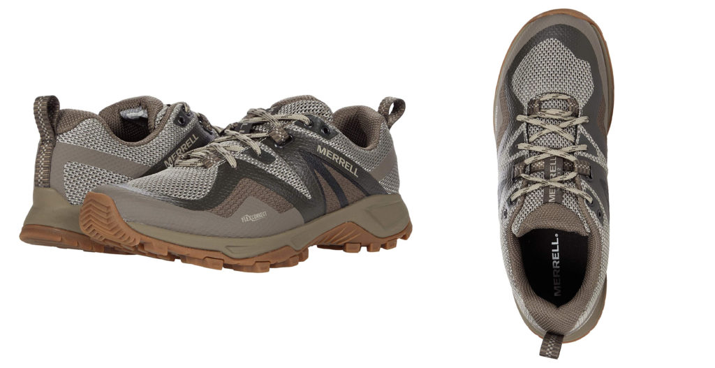 Pair of Merrell MQM Flex GTX Hiking Shoes (left) and overhead view of a single shoe from the set (right)