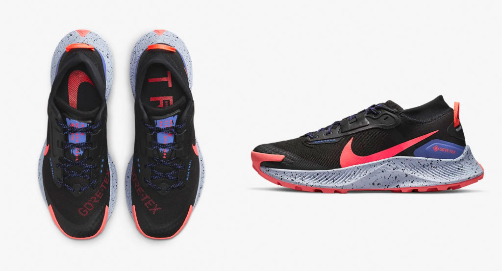 Overhead view of the Nike Pegasus Trail (left) and side view of a single shoe from the set (right)