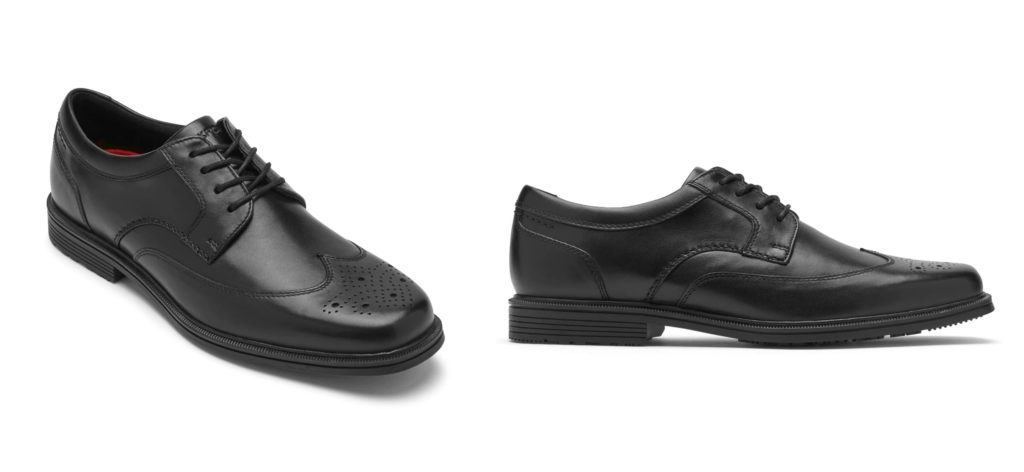 Two views of the Rockport Men’s Taylor Waterproof Wingtip shoe in black