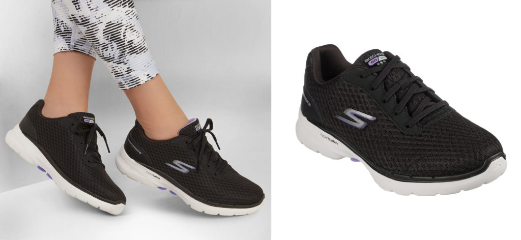 Close up of person wearing Skechers GOWalk 6 Venecia (left) and a side view of a single shoe from the set (right)