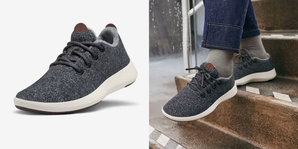 Side view of a single shoe from a pair of Allbird Wool Runner Mizzles (left) and a close up of someone walking down the stairs wearing a pair of Allbird Wool Runner Mizzles (right)