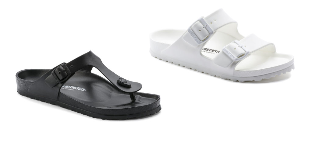 Birkenstock Gizeh in black (left) and Birkenstock Arizona in white (right)