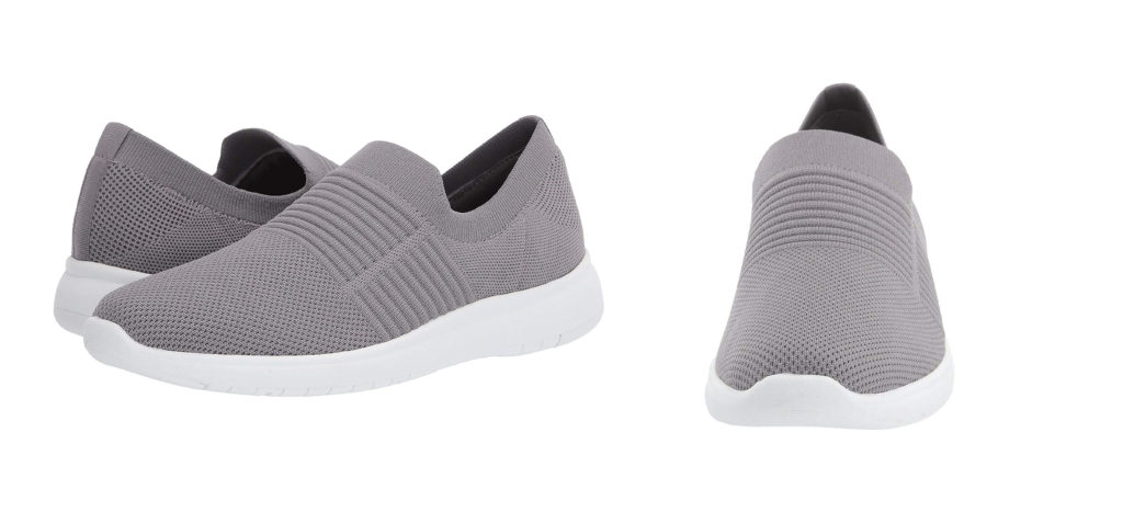 Pair of Blondo Karen Waterproof Fashion Sneaker in grey (left) and front view of one shoe from the set (right)