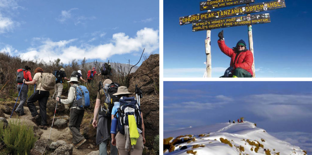 Hiking group climbing Kilimanjaro (left), woman pointing to the summit sign on Mount Kilimanjaro and smiling (top right), and hiking group viewed at a distance (bottom right) 