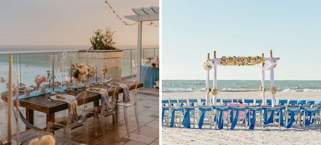 A table setting on an open-air patio at JW Marriott Marco Island Beach Resort (left) and a wedding ceremony space on the beach (right)