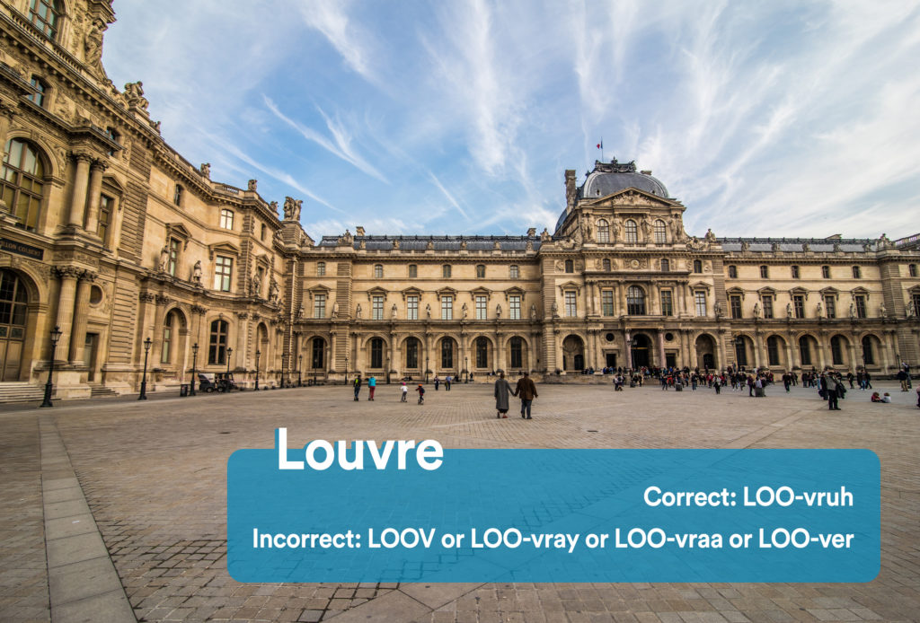 Plaza at the Louvre Museum in France with graphic overlay showing the correct and incorrect way to pronounce "Louvre"