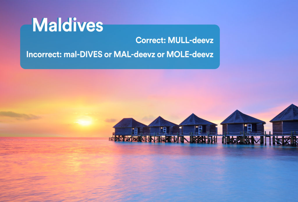 Overwater bungalows at sunset in the Maldives with graphic overlay showing the correct and incorrect way to pronounce "Maldives"