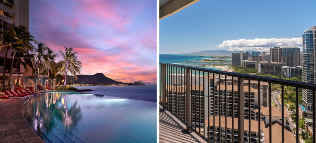 Pool area of Sheraton Waikiki at sunset (left) and view from a balcony overlooking the city skyline and ocean (right)