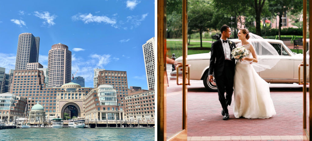 Exterior of the Boston Harbor Hotel in Boston, Massachusetts (left) and a couple wearing a suit and wedding dress entering the hotel (right)