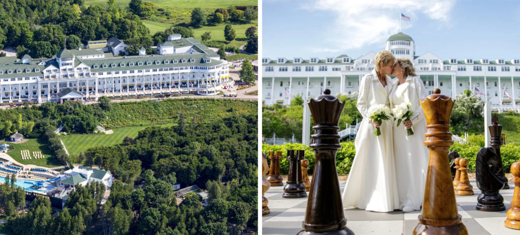 Aerial view of the Grand Hotel Mackinac Island (left) and a couple wearing wedding dresses kissing in front of the hotel (right)