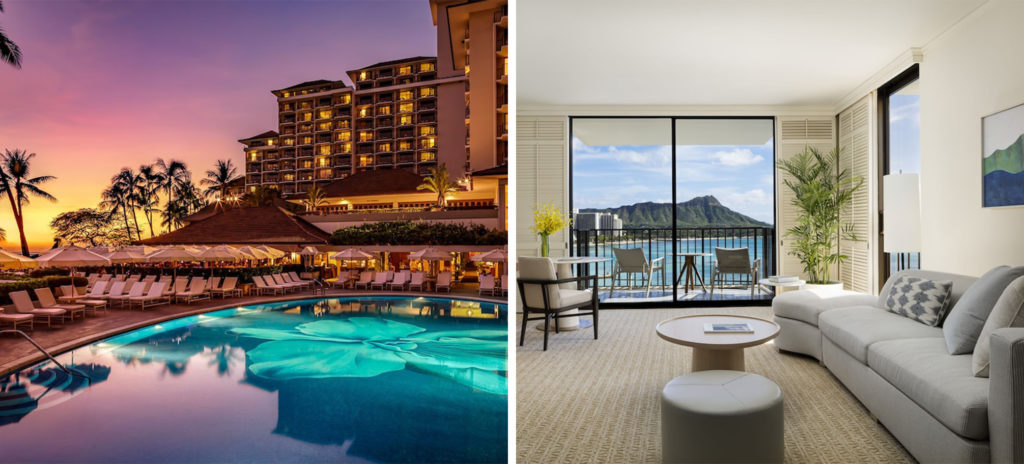 Exterior view of the Halekulani and pool area (left) and lounge area of a suite with a balcony overlooking the ocean (right)