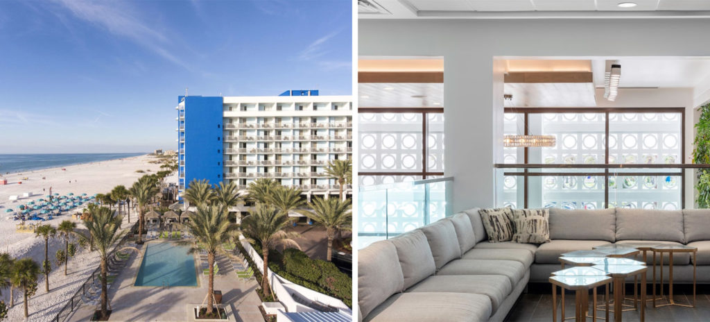 Exterior of the Hilton Clearwater and surrounding beach and ocean (left) and interior sitting area (right)