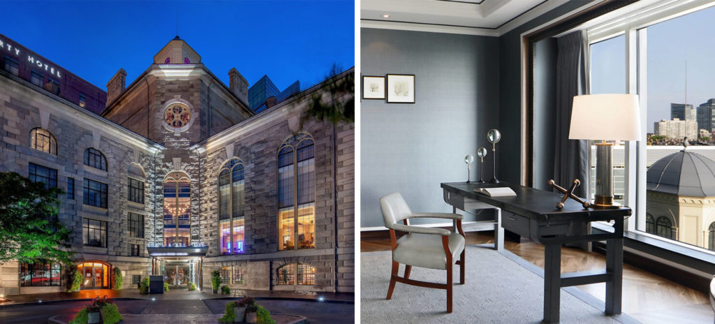 Exterior entrance of The Liberty Hotel in Boston, Massachusetts (left) and an interior desk area in a guest room overlooking the city skyline (right)