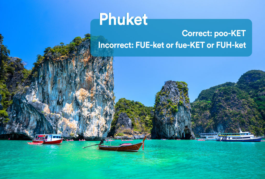 Boats on the water in Phuket, Thailand with graphic overlay showing the correct and incorrect way to pronounce "Phuket"