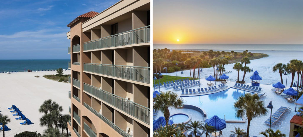 Exterior view of The Sheraton Sand Key Resort and beach (left) and pool and sitting area next to the ocean (right)
