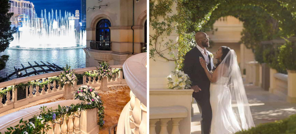 Balcony overlooking the Fountains of Bellagio in Las Vegas (left) and a couple dressed in wedding attire posing under an archway (right)