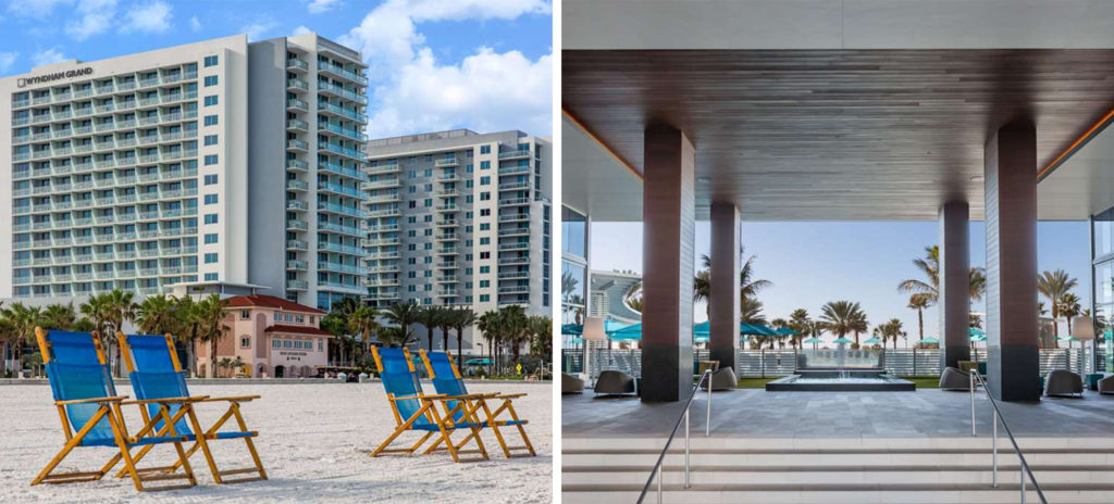 Chairs on the beach in front of Wyndham Grand Clearwater Beach (left) and patio area leading to the pool (right)