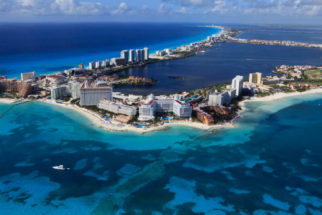 Aerial view of Cancún, Mexico and the surrounding water