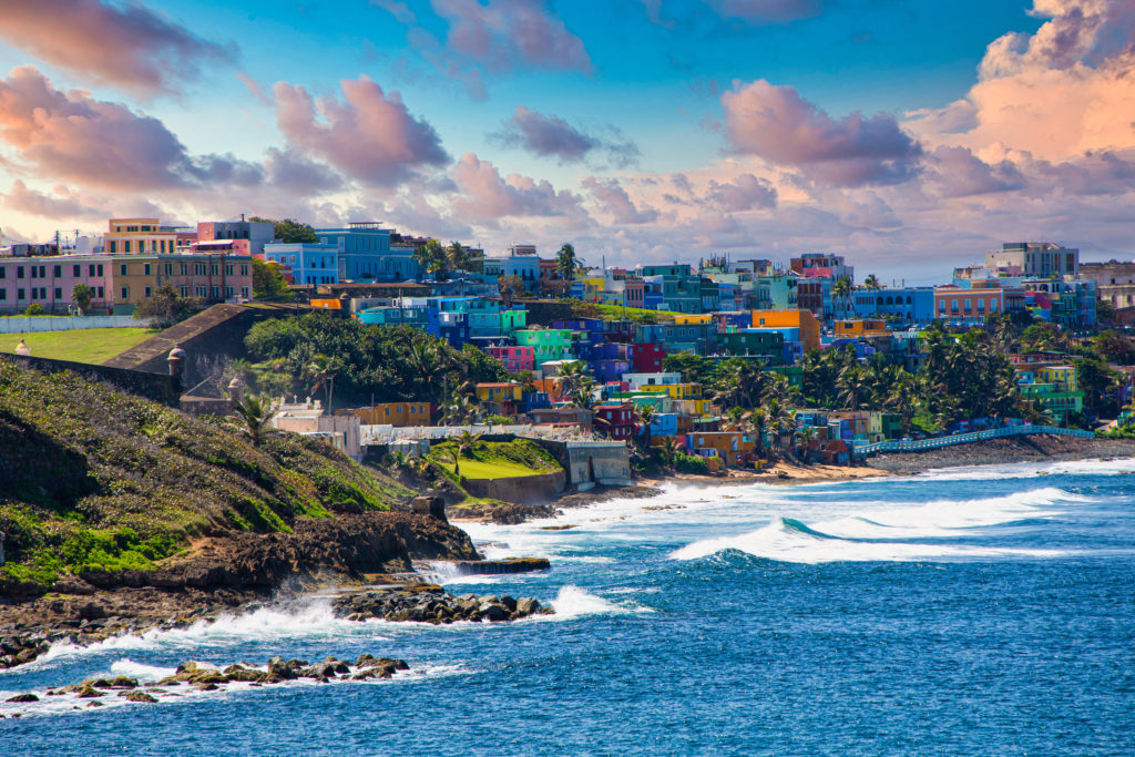 View of the shoreline of Old San Juan in San Juan, Puerto Rico