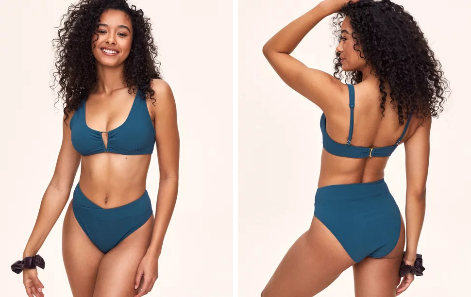 Two views of the same woman wearing a muted blue bikini from Adore Me