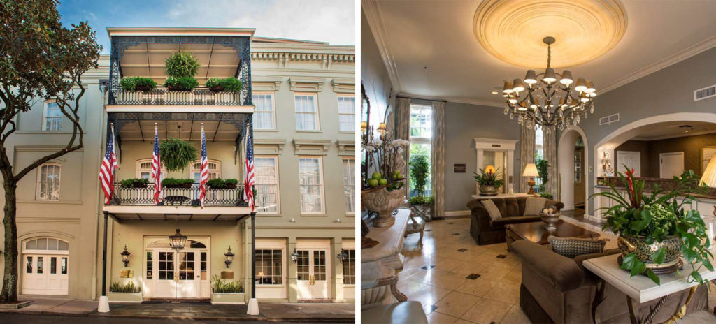 Front entrance of the Bienville House (left) and interior sitting area with couches and a marble floor (right)