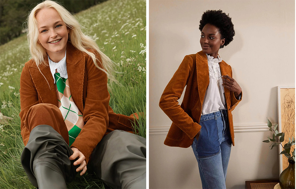 Two models wearing the Boden Victoria corduroy blazer