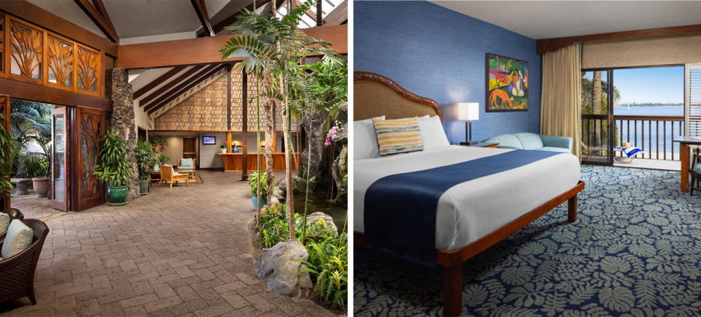 Lobby area at Catamaran Resort and Spa (left) and guest room (right)