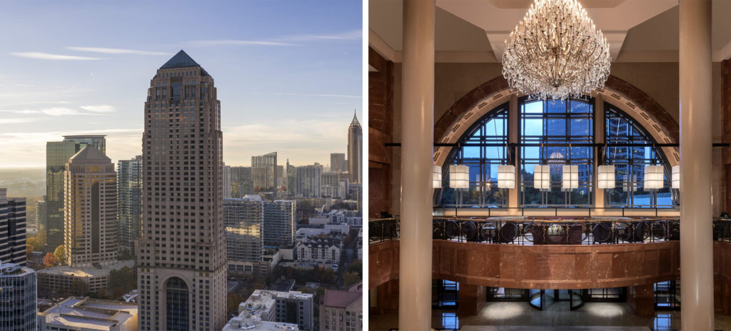 Exterior of the Four Seasons Hotel Atlanta and the Atlanta skyline (left) and interior lobby area (right)