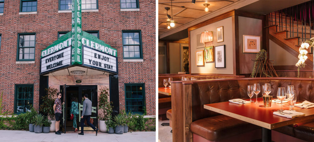 Front entrance of Hotel Clermont with  marquee sign (left) and interior dining area with leather booth and wood decor (right)