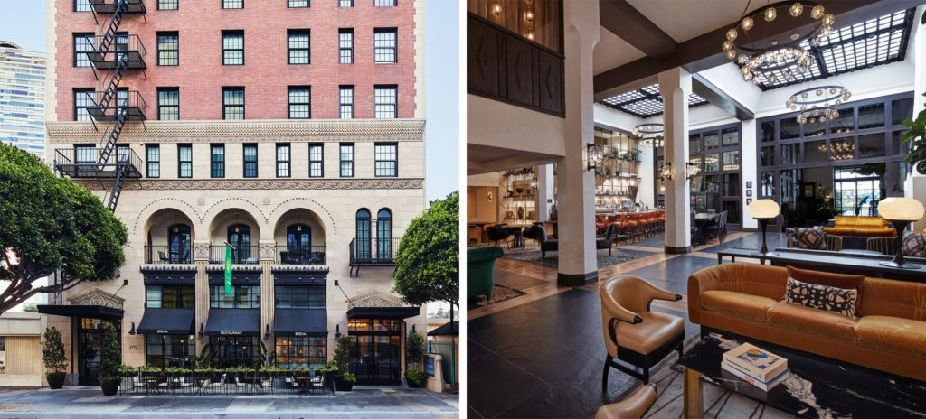 Exterior of Hotel Figueroa at street level (left) and interior lobby area (right)