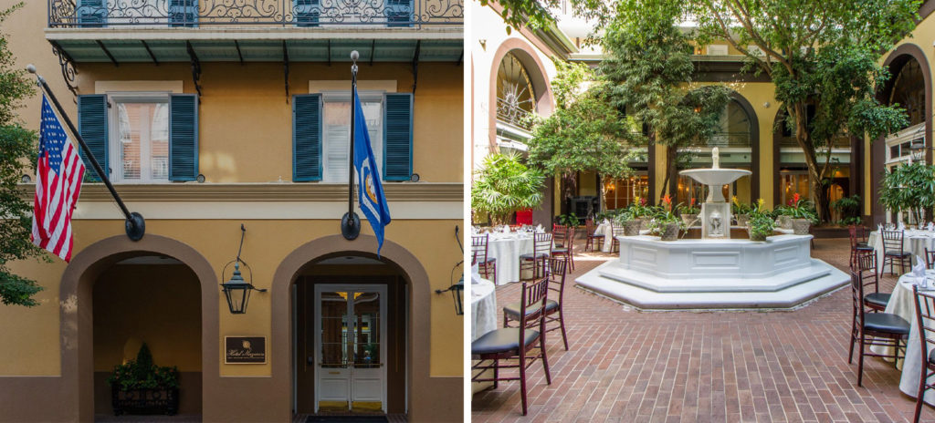 Front entrance of the Hotel Mazarin (left) and central courtyard surrounded by yellow walls and green trees with dining and sitting areas (left)