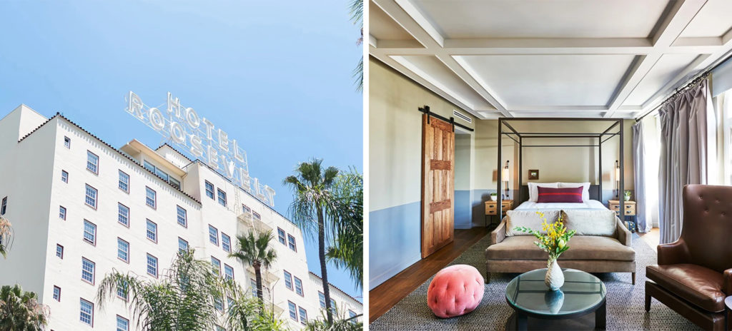 Exterior of the Hotel Roosevelt and large rooftop sign (left) and interior of a bedroom at the Hotel Roosevelt (right)