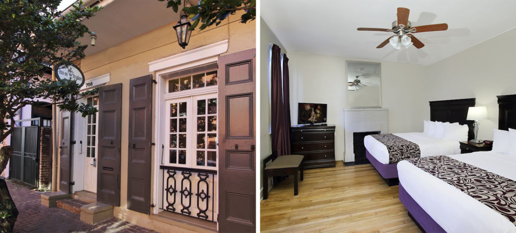 Front entrance of the Inn on Ursulines (left) and a double room at the Inn on Ursulines (right)