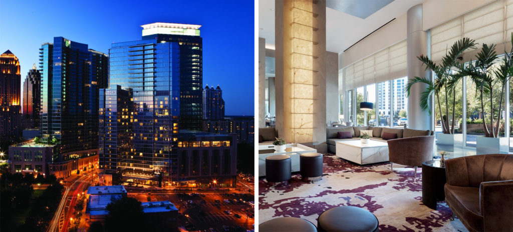 Exterior of the Loews Hotel Atlanta at night (left) and interior lounge area (right)