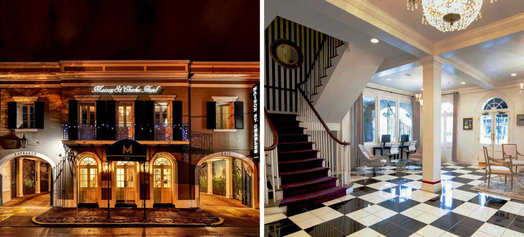 Front entrance of the Maison St Charles at night (left) and the interior sitting area and grand staircase (left)