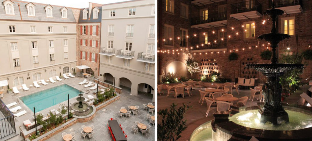 Aerial view of the pool at the Maison Dupuy (left) and close up of fountain in a courtyard at night (right)