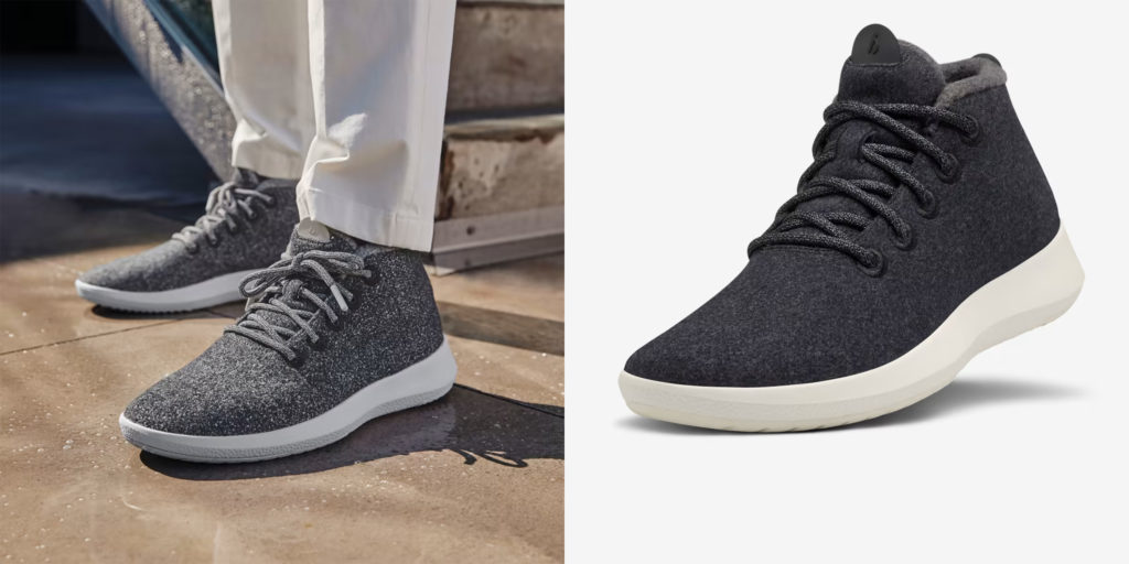 Close up of a pair of Allbirds Runner Up Mizzles (left) and close up of a single shoe from the pair (right)