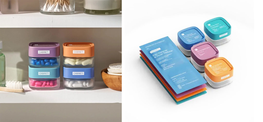 Stack of OTC Cabinet medication jars on a medicine cabinet shelf (left) and an organized array of OTC Cabinet medication jars and packets on a white backdrop (right)