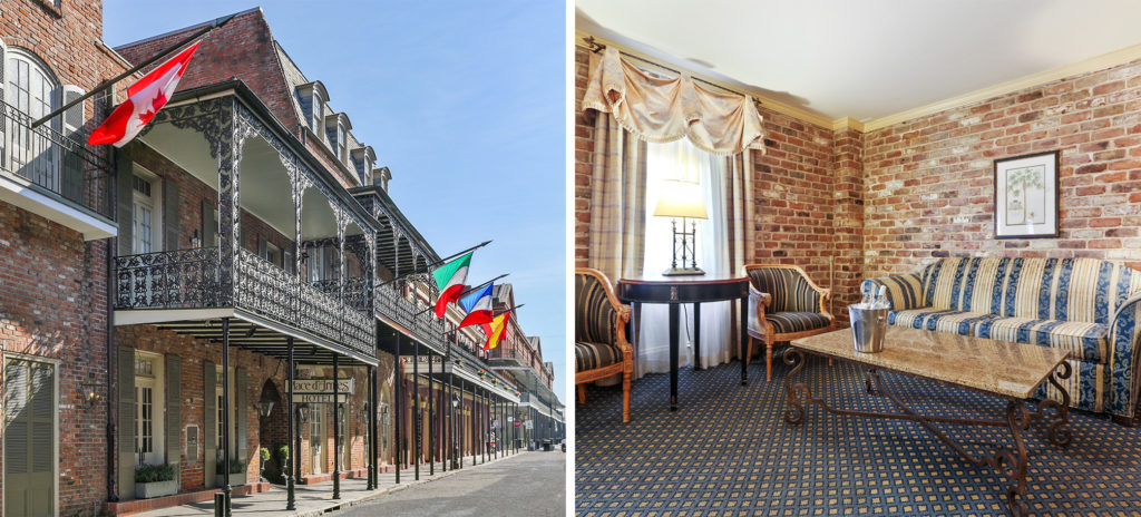 Front entrance of the Place d’Armes Hotel in a brick building (left) and interior vintage-looking sitting area (right)