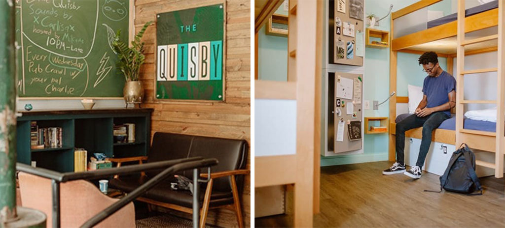 Sitting area at the Quisby (left) and man sitting on bunk bed in room at the Quisby (right)