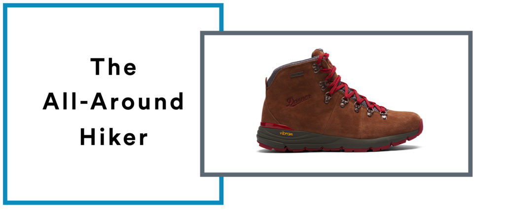 A box with a label that says "The All-Around Hiker" next to an image of a Danner hiking shoe surrounding by a grey border