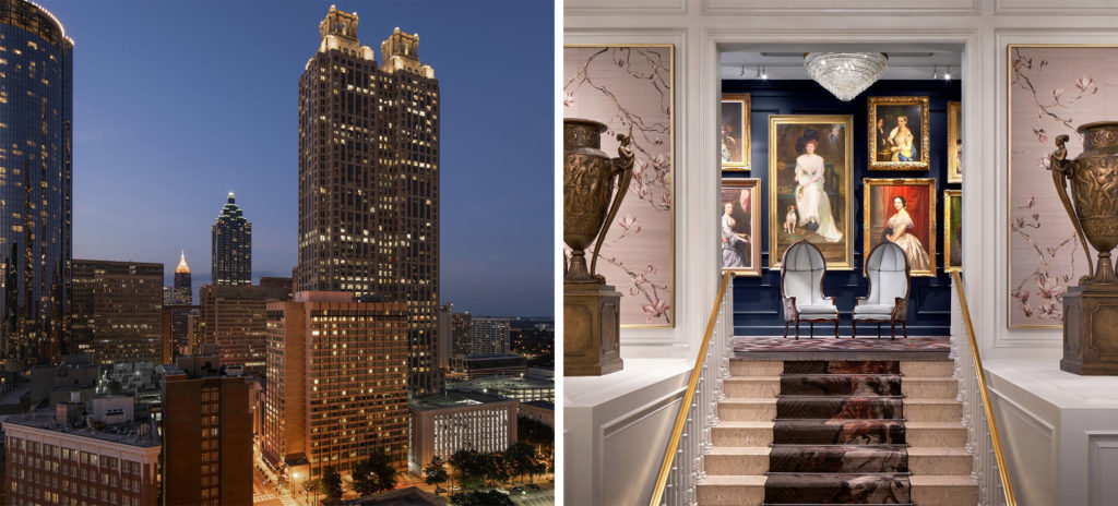 Exterior of the The Ritz-Carlton Atlanta at night (left) and interior lobby area with stairs, portraits, and a seating area (right)