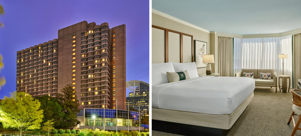 Exterior of the The Whitley at dusk (left) and interior of a bedroom at the The Whitley (right)