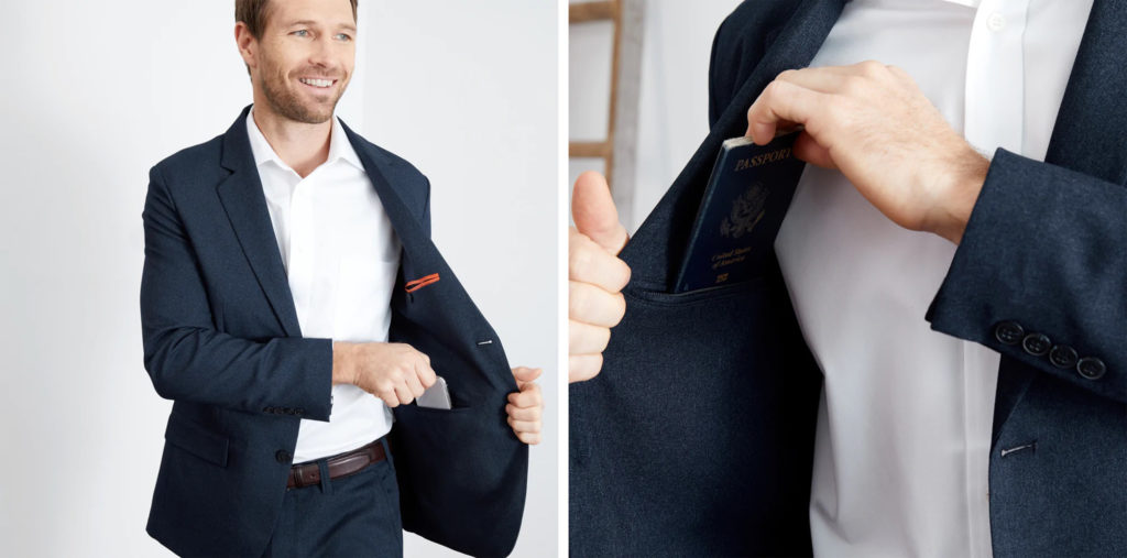 Man modeling the Gramercy Blazer from Bluffworks (left) and a close up of the man placing a passport in the interior pocket of the Gramercy Blazer from Bluffworks (right)