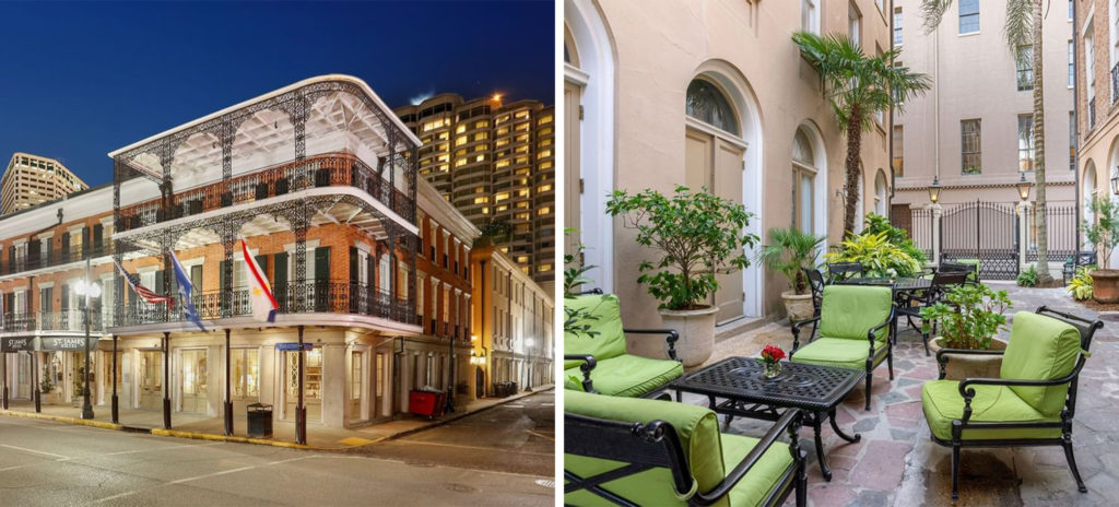 Exterior of the Voco St James, a brick building wrapping around the corner of the street (left) and a spacious stone patio with sitting areas (right)