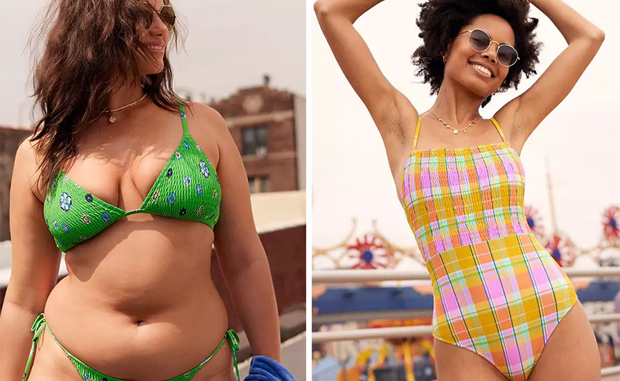Two smiling women wearing swimsuits from Aerie