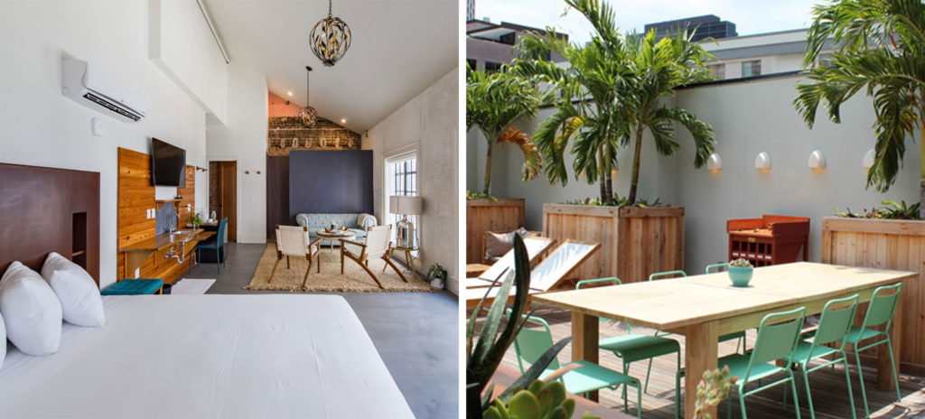 A large room with bed and sitting area at the Catahoula Hotel (left) and an outdoor patio dining area (right)