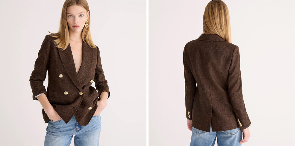 Model showing the front and back of the J. Crew Bristol Blazer